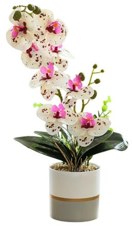 Flor de Orquídea Artificial Amarilla de Dos Puntas en Maceta Maceta de Silicona Phalaenopsis Phalaenopsis de Ocho Cabezas con Maceta Flor de Mariposa de Simulación Blanca en Maceta (Blanco)