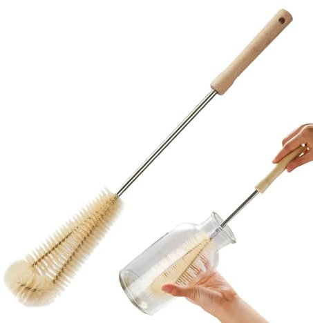 Spazzola per la pulizia delle bottiglie, con manico lungo, spazzola per strofinare con manico in legno a forma di L, setole naturali, scrub da cucina per bicchieri da vino, biberon, tazze sottovuoto