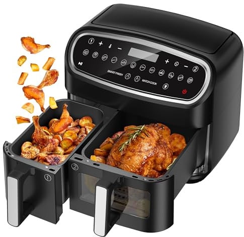 SCUXASH Dual Air Fryer, 10L XXL Visual Airfryer - 12 Presets, Timer Function, Dishwasher-Safe Baskets, Double Drawer Air Fryer for Whole Chicken - Family Size, Black