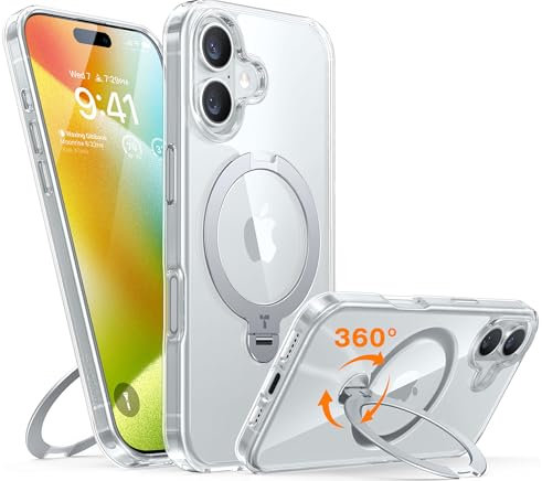 TORRAS 360° Spin Magnetic Stand for iPhone 16 Case, Compatible with Magsafe,12FT Military Shockproof, Slim Protective for iPhone 16 Case, Build in Invisible Kickstand, Diamond Clear