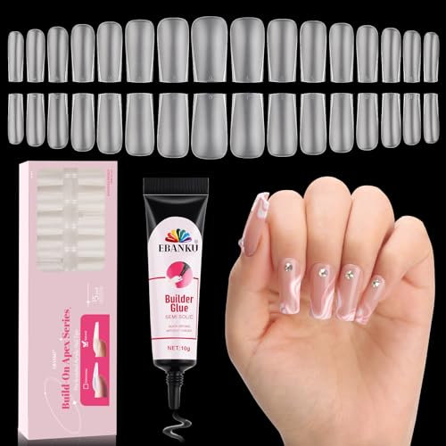 EBANKU Build on Apex Natural Nail Tips, 16 Sizes 480 PCS Medium Square Clear Acrylic Full Cover Press on Nail Tips with Builder Glue, Pre-applied Tip Primer & Base Coat