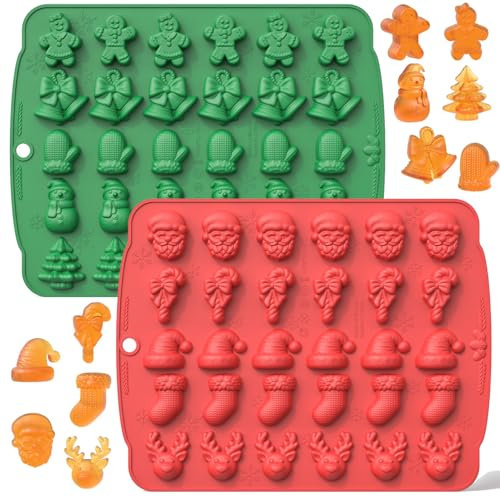 YJDM Christmas Silicone Molds, 2PCS Nonstick Chocolate Gummy Baking Mold Gingerbread Man,Snowman,Bell,Stocking,Xmas Tree,Hat,Glove Shape Designs Candy Mould for Xmas Deco (with Dropper)