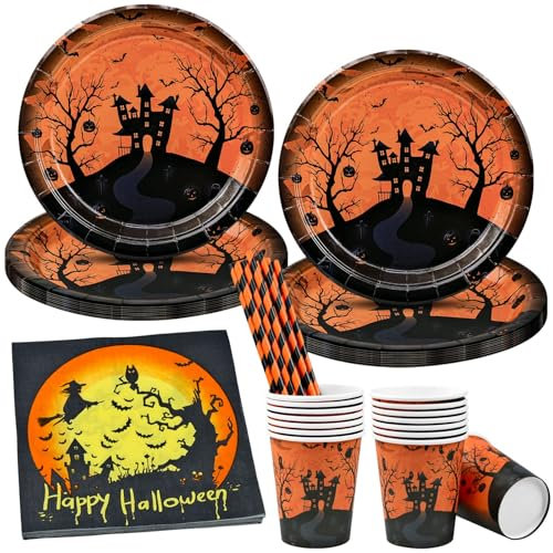 Halloween Stoviglie per Feste, 68 Pezzi Halloween Stoviglie Usa e Getta, 9 Pollici Piatti, Bicchieri di Carta, Cannucce, Tovaglioli Stoviglie Set per 16 Ospitis Compleanno, Matrimonio, Festa
