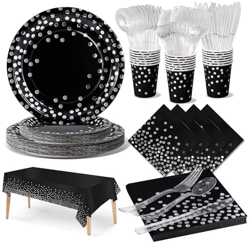 Nkaiso Partygeschirr 141 Stück Schwarz und Silber Partyzubehör Pappteller Kindergeburtstag Mädchen Party Papier Geschirr Set einschließlich Becher Servietten -20 Gäste