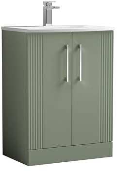 Balterley Vanity Unit with Basin Floor Standing, 2 Door Soft Close with Curve Sink and Handle, Bathroom Vanity Units with Basin, Partial Fluted Sink Cabinet - 610 x 440 x 840mm (Green)