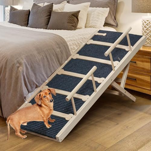 Rampa de madera para perros para cama alta, rampa antideslizante de 120 cm de largo para sofá, 6 alturas ajustables de 40 a 71 cm con alfombrilla de tracción antideslizante para perros pequeños,