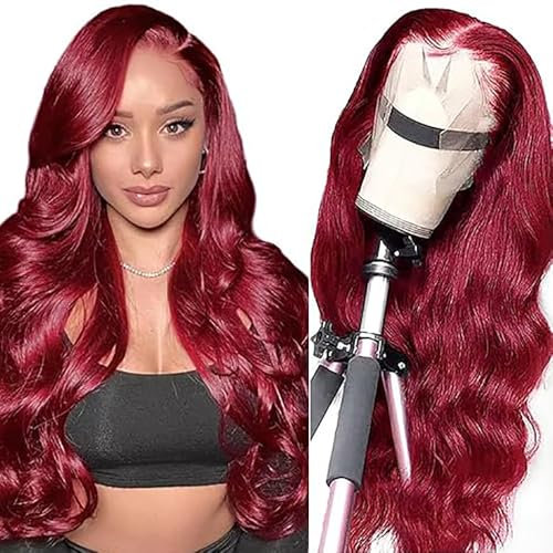 Salharer Echthaar Perücke für Damen Perücken Body Wave Human Hair Wig 13x6 Lace Front Wig 100% Brasilianisches Perücken Echthaar mit Babyhaar Any Part Burgundy Color 24 Inch