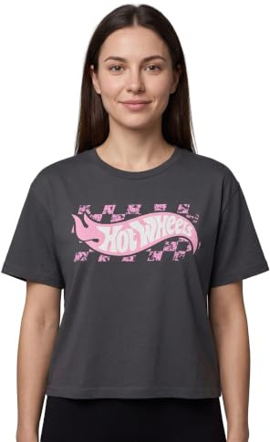 Hot Wheels Womens Grey Cropped Tee | Pastel Graphic Logo Short Sleeve T-Shirt | Retro Logo Apparel for Ladies | Vintage Logo Streetwear Clothing Merchandise Gift