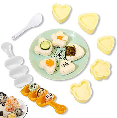 AQTAQ 7-Piece Onigiri Mold Musubi Set for Making Various Shapes of Onigiri|Sushi, Children's Side Dishes, Japanese Bento, Etc. Food Grade PP Material, Safe and Easy to Make Onigiri Sushi(Yellow)