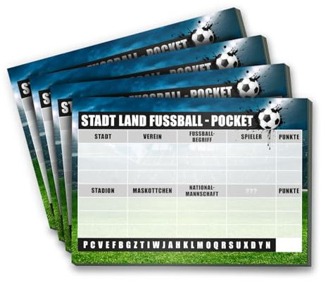 younikat Stadt Land Fußball 4 Stück I DIN A6 I 50 Blatt je Block I Reisespiel in Taschengröße I Oster Geschenk Idee I zum Beschreiben und abreißen I dv1567
