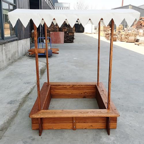 Large Wooden Sandbox with Canopy and Lid Outdoor Sand Pit for Beach and Patio
