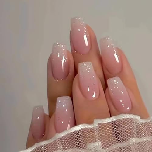 24Pcs French False Nails - Short Square Press-On Gradient Pink Acrylic Full Cover Fake Nails for Women - Nail Art Accessories