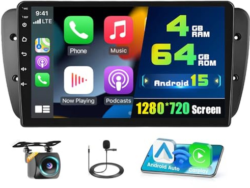 4+64G Radio for SEAT Ibiza 6j IV 2009-2013 Wireless Apple Carplay Android Auto, 9'' IPS 1280x720 Touchscreen Stereo Android 15 32EQ 5G WiFi 1080P Bluetooth +Free AHD Backup Camera