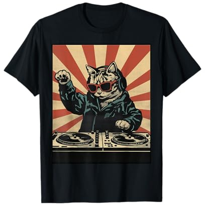 Retro DJ Cat Disco Sound Tech Headphone Music Turntable T-Shirt