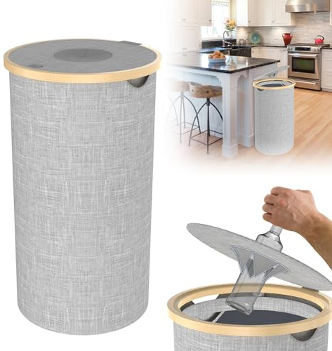 UISEBRT Caja de recogida de botellas de empeño con tapa y bolsa de transporte, contenedor de reciclaje de tela Oxford y bambú para alimentos vacíos y vidrio usado, capacidad de 100 l, color gris