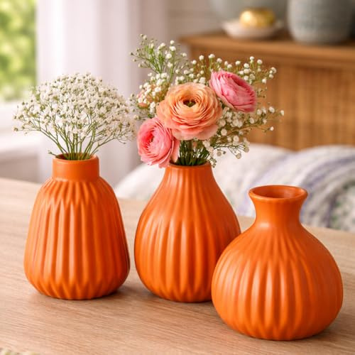 Dekorative Keramikvase Set, 3 Stück, Orange, 12 cm Höhe, Geriffelte Struktur