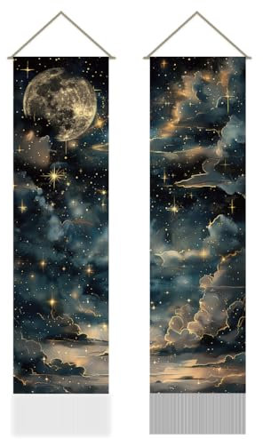 AHANDMAKER 2er Pack Wandteppich Mit Sternenhimmel Retro Wandteppich Mit Mond Und Sternen Vertikal Lang Ästhetisch Himmlisch Für Schlafzimmer Und Wohnzimmer 13 x 51 Zoll