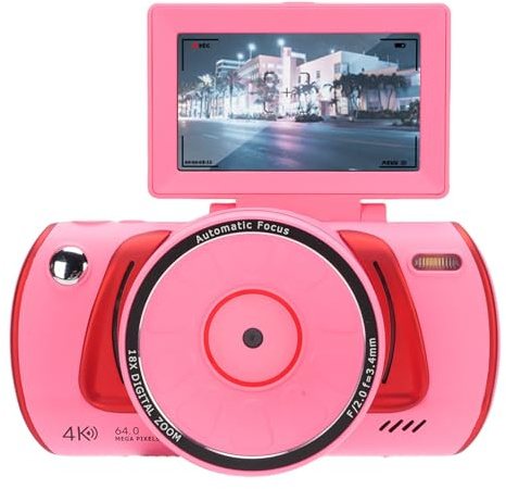 ASHATA 4K Digitalkamera für die Fotografie, 64MP Autofokus Vlogging Kamera für YouTube mit 3 Zoll Flip Bildschirm, 18 facher Zoom Anti Shake, 1200 MAh, für Selfie Teens Adult Travel (PINK)