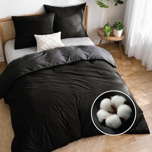 Dreamzie - Bettwäsche 200x220-2X Kissenbezug 80x80 - Baumwolle | Schwarz · 3-teilig · Wendebettwäsche · Reißverschluss · OEKO-TEX Zertifiziert · Hautsympathisch · Pflegeleicht