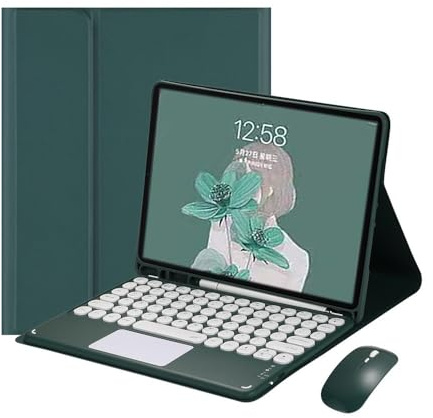 kuaijiexiaopu Abnehmbare Tastatur und Maus mit runden Tasten, PU+TPU-Lederhülle mit Standfunktion, kompatibel mit Samsung Galaxy Tab S9/S8 Plus 12,4 Zoll(Dark Green+Touch Keyboard)