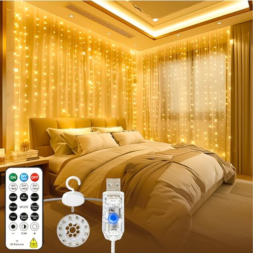 SINAMER Lichtervorhang Innen 3x3m, 300 LEDs USB, Fernbedienung & 8 Modi | Timer, Dimmbar, Lichterkette Vorhang verhedderungsfrei, für Wand, Schlafzimmer, Hochzeit, Ramadan und Weihnachten (Warmweiß)