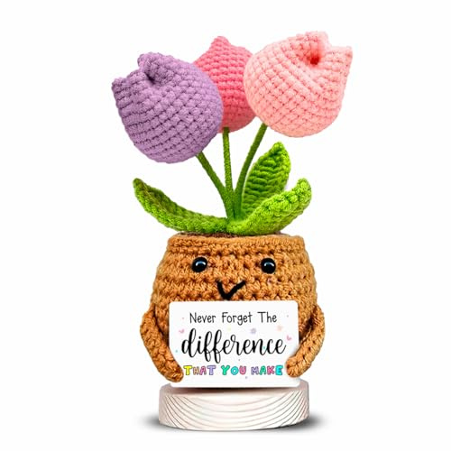 Handmade Crochet Flower Pot with Positive Quote – “Never Forget The Difference That You Make” | Cute Appreciation Gift for Coworker, Best Friend, Nurse, Mum | Desk Decor, Thank You Gift