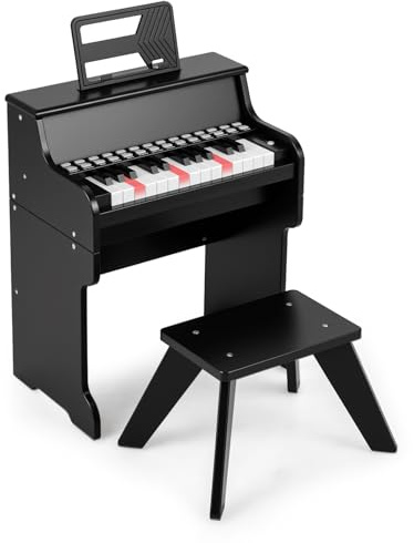 COSTWAY Clavier Piano Enfant 25 Touches, Piano Numérique en Bois avec Tabouret & Pupitre Amovible, Mode d'apprentissage, Vitesse & Volume Réglables, Haut-Parleur pour 3 Ans+ (Noir)