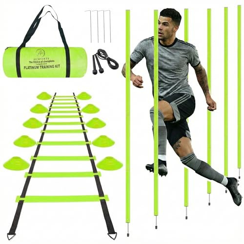 AI SPORTS Speed & Agility Training Platinum Kit | Football Training Equipment with 1× Agility Ladder, 6× Slalom Poles,1× Skipping Rope,10× Training Cones & 1× Carry Bag