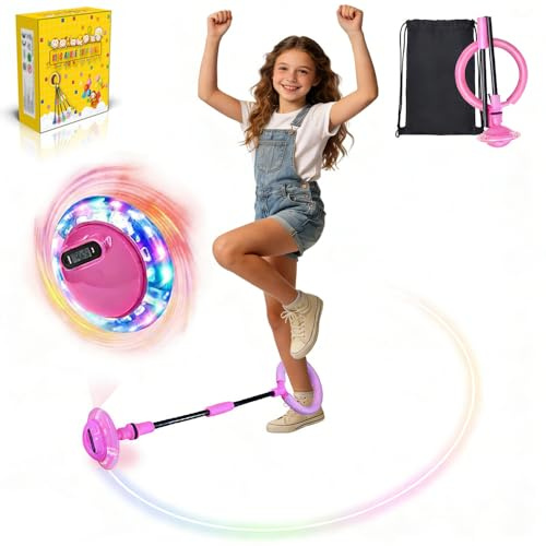 Anyingkai Blinkender Springring Fußkreisel mit Zähler, Swing Wheel mit Lichtrad, Blinkender Sprungball,Faltbarer Ankle Skip Ball,Jumping Ball and Skipping Rope,Sport Sprung (Rosa-B)