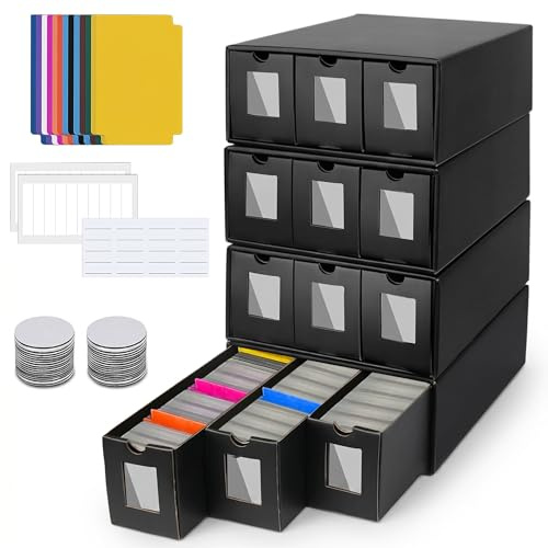 FYKTIK Trading Card Storage Box, 12000+ Cardboard Card Storage Box with Visualization Window, 4 Card Storage Box with 48 Card Dividers, Labels Tape and Drawers, for TCG, MTG, PTCG, Sports Cards