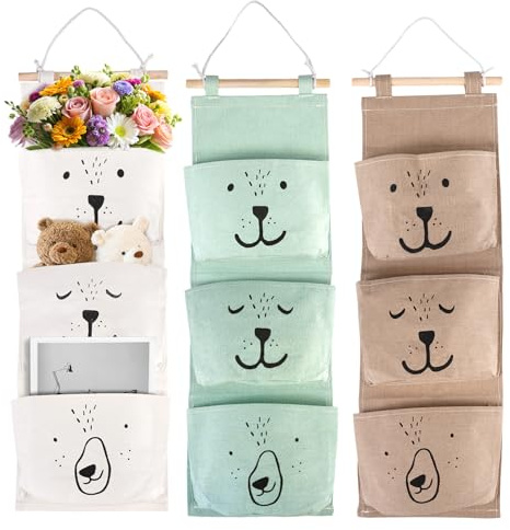 3 Stück Hängend Wandregal Tasche mit 3 Taschen, 60 x 20 cm Wasserdicht Wand Hängen Tasche Organizer, Faltbare Aufbewahrung Hängend für Kinderzimmer, Schlafzimmer und Badezimmer(Grau, Weiß, Grün)