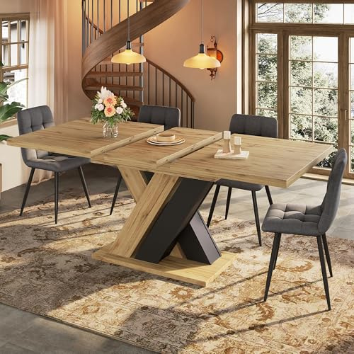 BTM Extending Dining Table 119-158.5cm Kitchen Extendable Table 4-6 for Living Room, Dining Room, X-shaped Legs, Black&Wood
