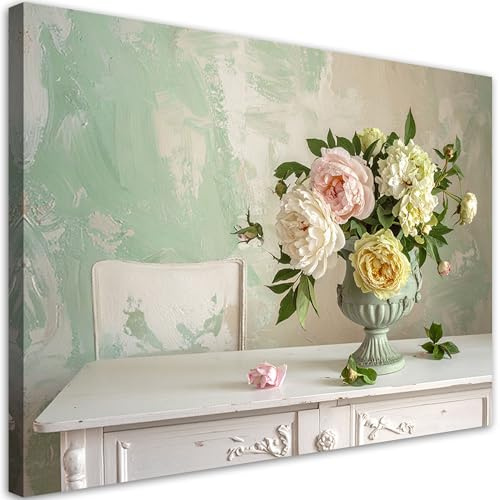 Feeby Leinwandbild - Bilder Wohnzimmer - Blumen im Shabby-Chic-Stil - 60x40 1tlg - Deko Schlafzimmer - Wanddekoration - Aesthetic - Groß Moderne Bild - Foto auf Leinwand