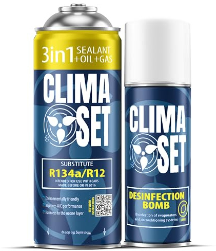 ClimaSet - 3-in-1 R134a Kältemittel, Öl, Dichtmittel & Klimaanlage Reiniger Auto - Klima Selbst Befüllen Set - Nachfüllset, Autoklima Nachfüllen - 170g