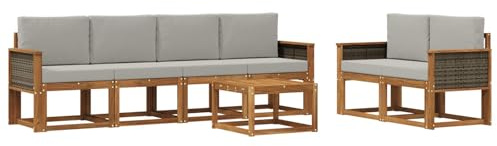 vidaXL Outdoor-Sofagarnitur mit Kissen 6 pcs Natürlich und Hellgrau, Moderne Outdoor-Sofagarnitur, robuste Eckcouch, stylisches Gartenmöbel, Akazienholz, Bequeme Sitzplätze