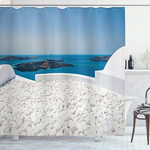 ABAKUHAUS Voyage Rideau de Douche, Santorin Grèce, Tissu Ensemble de Décor de Salle de Bain avec Crochets, 175 cm x 180 cm, Turquoise et Blanc