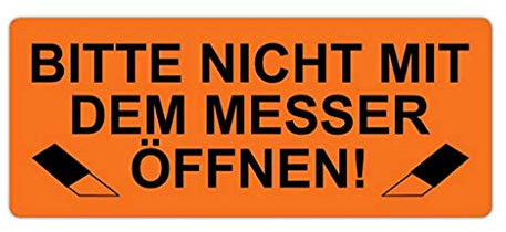 Hinweis-Etiketten als AufkleberBITTE NICHT MIT DEM MESSER ÖFFNEN! W-038-1000 - 65x27 mm - Rot leuchtend - 1.000 Stück/Rolle