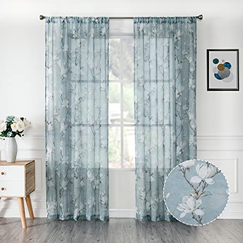 Tollpiz Floral Short Blue Sheer Curtain Flower Print Vine Embroidery Bedroom Curtains Rod Pocket Voile Window Curtain for Living Room, 54 x 54 inches Long, Set of 2 Panels