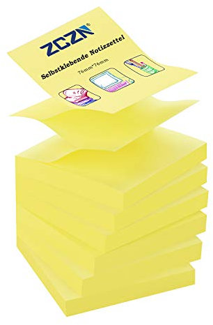 ZCZN Z-Notes, 6 Blöcke Selbstklebende Notizen, Klebezettel Von 76 x 76 mm, 80 Blatt pro Block - Selbstklebende Notizen Von 480 Blatt - Gelb
