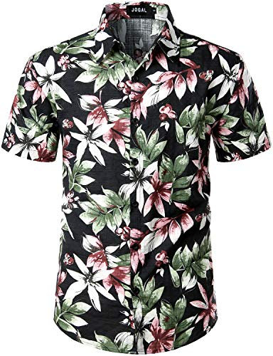 JOGAL Herren Casual Floral Blumenmuster Kurzarm Hawaiihemd Medium Rosa