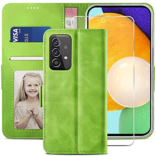 YATWIN Handyhülle für Samsung Galaxy A52S 5G Hülle +1 Stück Panzerglas Schutzfolie, Klapphülle Samsung Galaxy A52 Premium Leder Brieftasche Schutzhülle [Kartenfach][Stand] Handytasche Case, Grün