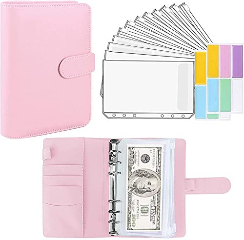 Classeur A6 en PU Cuir, Budget Planner, Housse de Cahier 6 Anneaux avec 12 Pochettes Transparentes Zippées Dossier Pour La Budgétisation De L'argent Enveloppes Économiser Organisateur - Rose