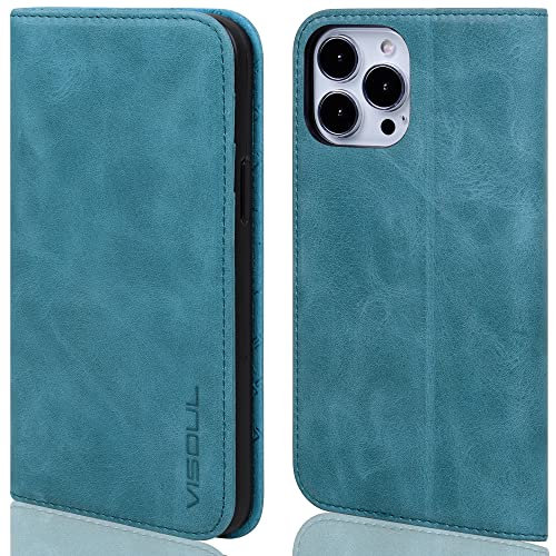 VISOUL Wallet Case Compatible for iPhone 13 Pro 6.1 2021 Genuine Leather Folio Case, RFID Blocking, Magnetic, 3 Credit Card Slots, Kickstand, Shock Absorbing-Blue