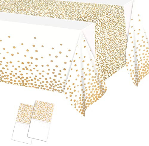 2Pcs 137*274cm White and Gold Disposable TableCloths Party Paper Plastic TableCloth,Large Thicken Dot Rectangular Waterproof Table Cover for Picnic,Halloween,Wedding,Christmas,Birthday Party Decor