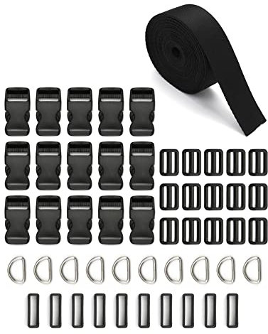 QWORK® 5M x 25mm Nylon Gurtband mit 15 Klippverschluss, 15 Schiebeschnalle, 10 Quadratischer Ring und 10 D Ringe für für Handgemachte Taschen, Rucksack, Gepäcktasche (51stk)