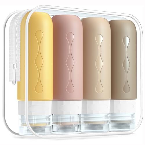 Gemice Portable Travel Bottle, 4 Pack Silicone Travel Containers Set LeakProof Refillable Squeezable for Lotion Liquid Shampoos, Soap and Toiletries (90ml)