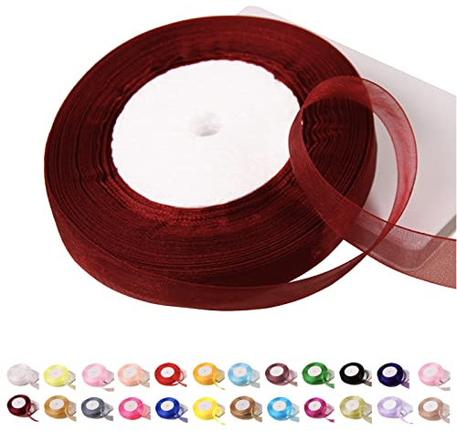 POPOYU 45 m Organza-Band,Weinrot,15 mm,Organza-Chiffonband, transparentes Chiffonband, Weihnachtsband, Haarband, Geschenkverpackung, Organza·Band zum Basteln, Kranzherstellung, Haarschleifen, Hochzeit