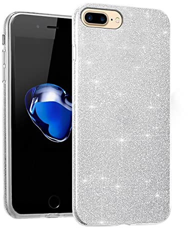 Wousunly Kompatibel mit für iPhone 7 Plus Hülle Transparent Silikon Glitzer,Handyhülle für iPhone 8 Plus 3 In 1 Dünn Stoßfeste Kratzfest Case Niedliche Glitzernde Anti Rutsch (Silber-)