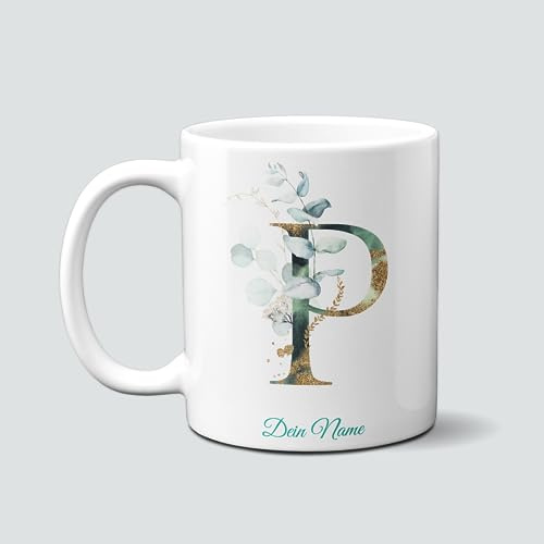online-hut - Tasse - Kaffeetasse - Kaffeebecher - Monogrammtasse A-Z - Lieblingstasse - personalisierbar - Dein Name - Eucalyptus/Gold - NT-118-2 (P)