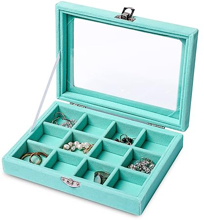 Frebeauty Schmuck-Organizer-Tablett mit transparentem Deckel, Samt-Schubladeneinsatz, Schmuck-Aufbewahrungsbox mit transparentem Deckel, Schmuckvitrine, Schmuckschatulle (türkis, 12 Fächer)